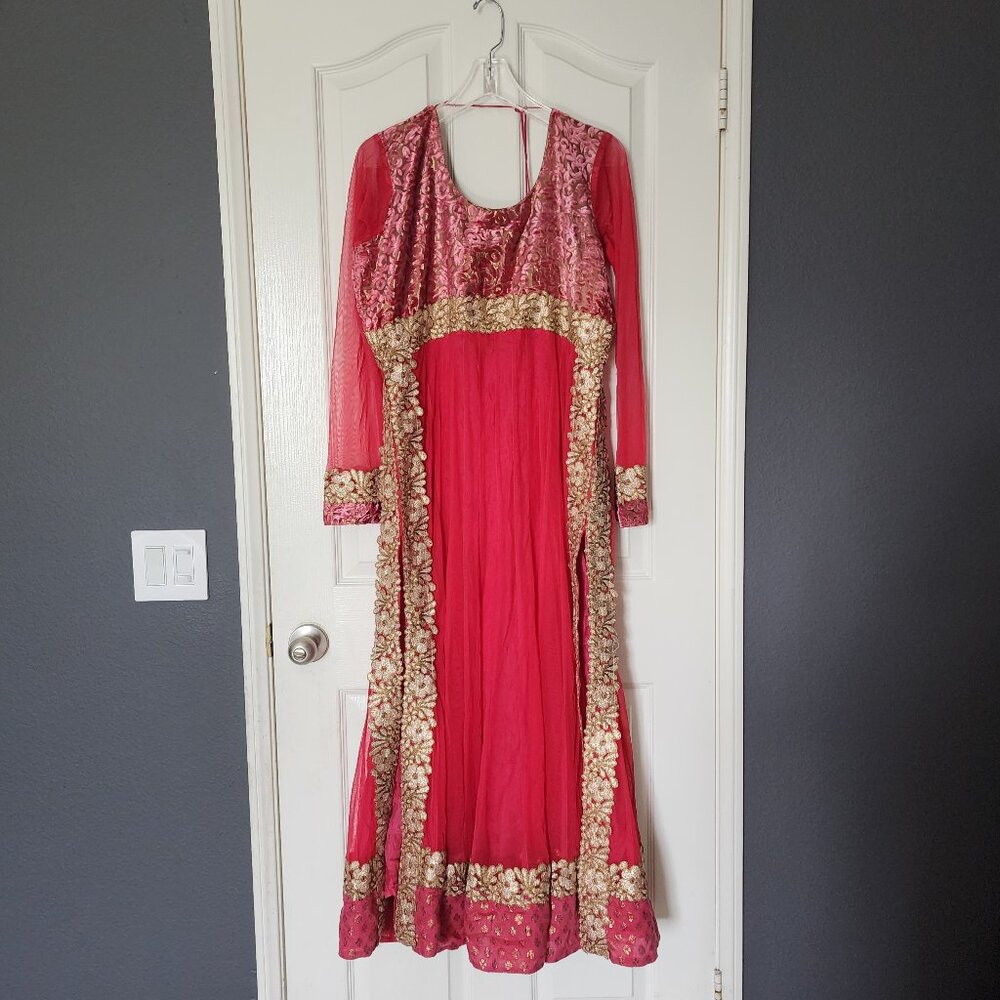 Pink Anarkali Kurta Set with Gold Detailing & Churidar Pants
